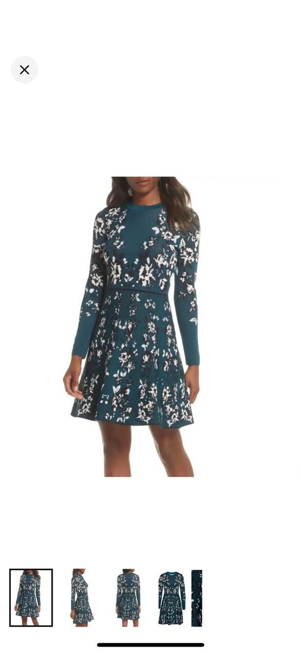 Eliza J Long Sleeve Fit and Flare Sweater Dress in Teal and White Floral Pattern